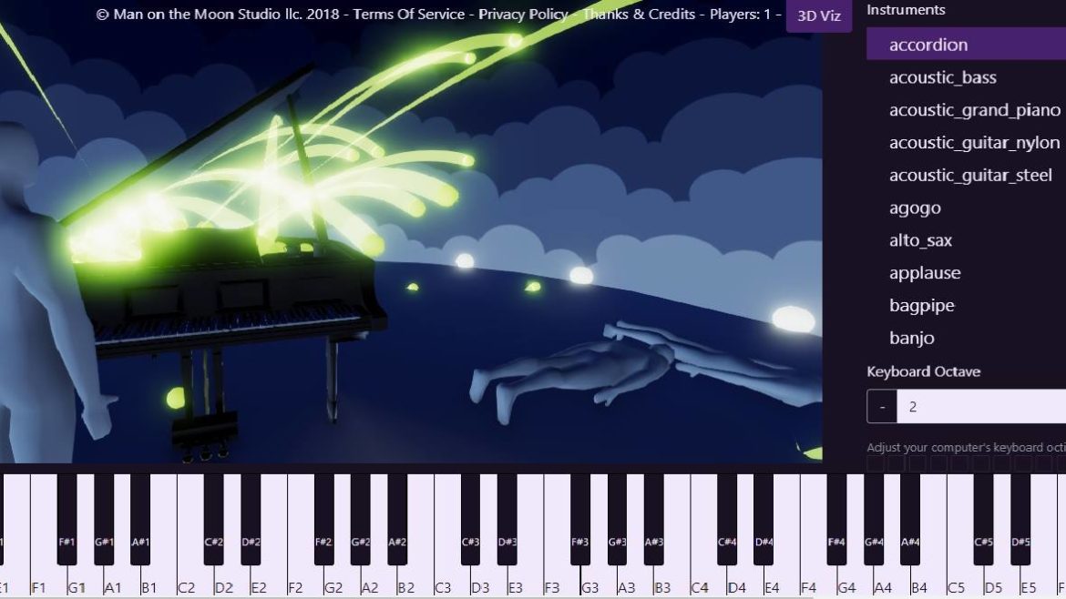 Screenshot of Speed Of Arts. The bottom of the image is a piano keyboard, above that is a list of
     GeneralMIDI instruments, and a 3D scene of a piano bursting with bright colorful balls.